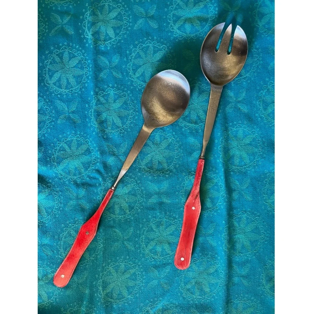 Anthropologie Laine Salad Server Set Etched Floral Pink Bone Handle discontinued